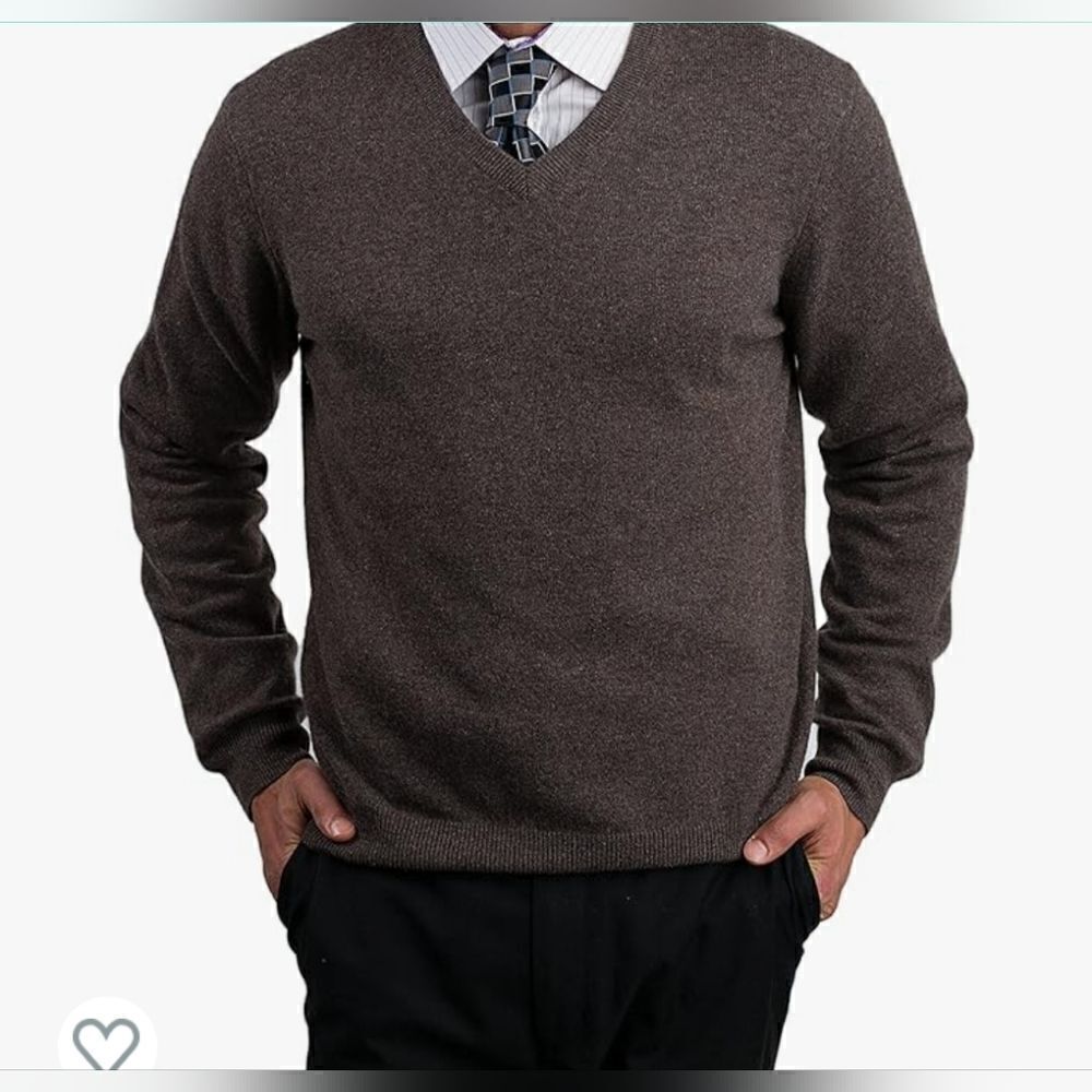 Lands'End L 42/44 Brown Lslv Knitted Merino Wool Blend V-neck Men's Sweater